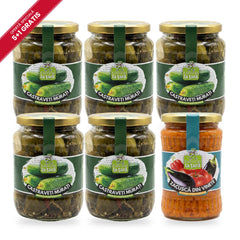 Pachet 5+1 gratis Fabricat la Țară: 5 borcane de castraveți murați 720 ml și o zacuscă de vinete 370 ml gratis
