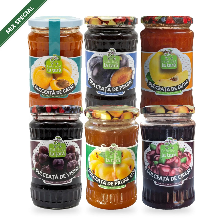 Șase borcane de dulceață de casă Fabricat la Țară, set cadou cu produse tradiționale