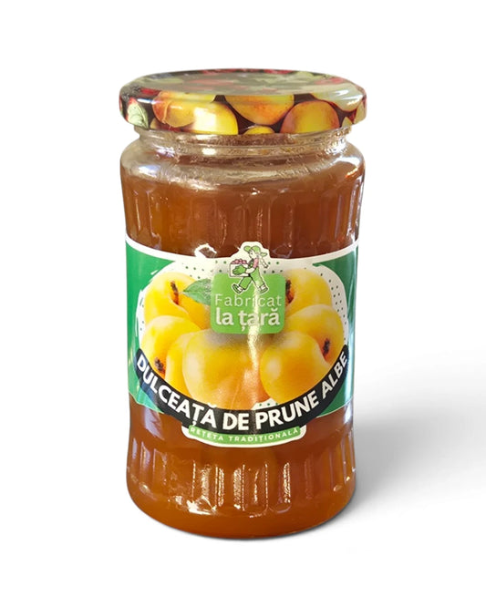 Borcan de 370 ml de Dulceață de Prune Albe Fabricat la Țară, pe fundal alb