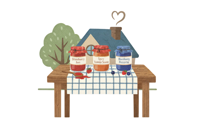 Ilustrație cu borcane de dulceață și sosuri de casă pe o masă, simbolizând produsele preparate în loturi mici
