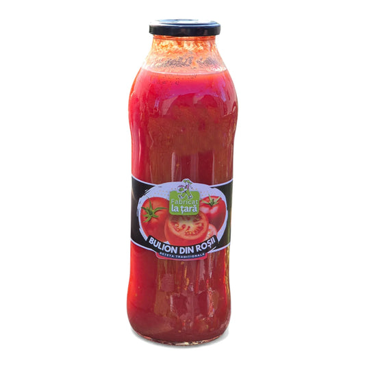 Sticlă de 750 ml de Bulion din Roșii Fabricat la Țară, bulion de casă tradițional, pe fundal alb