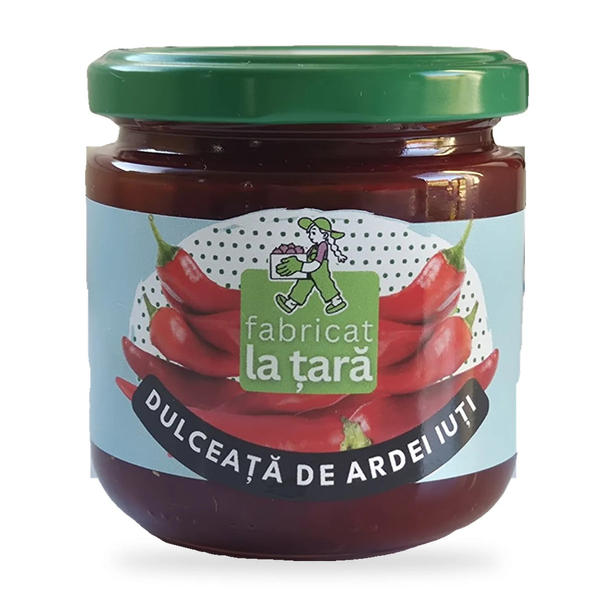 Borcan de Dulceață de Ardei Iute Fabricat la Țară, dulceață dulce-picantă de casă, pe fundal alb