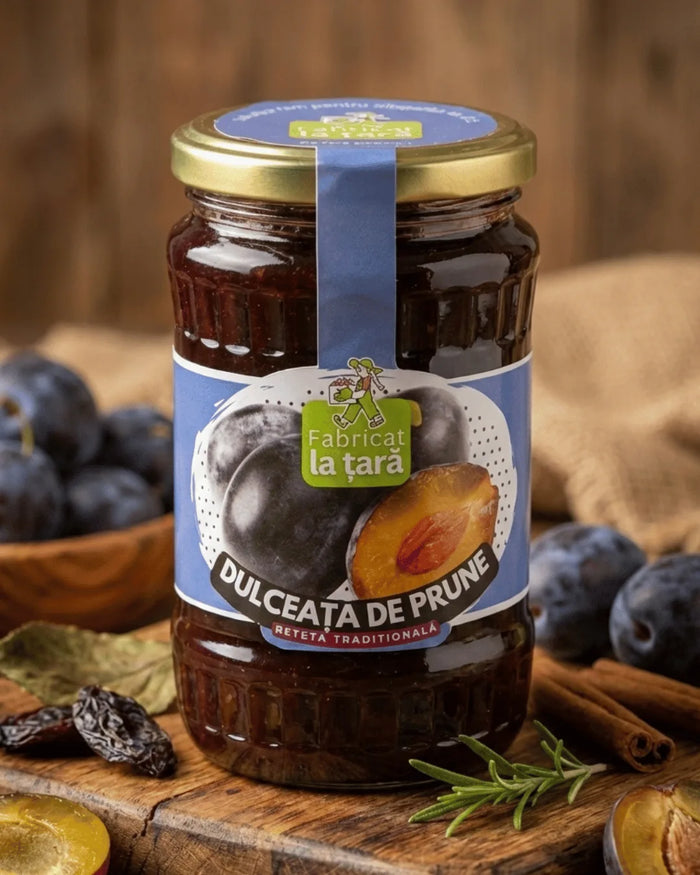 Borcan de Dulceață de Prune Fabricat la Țară, alături de prune proaspete și scorțișoară