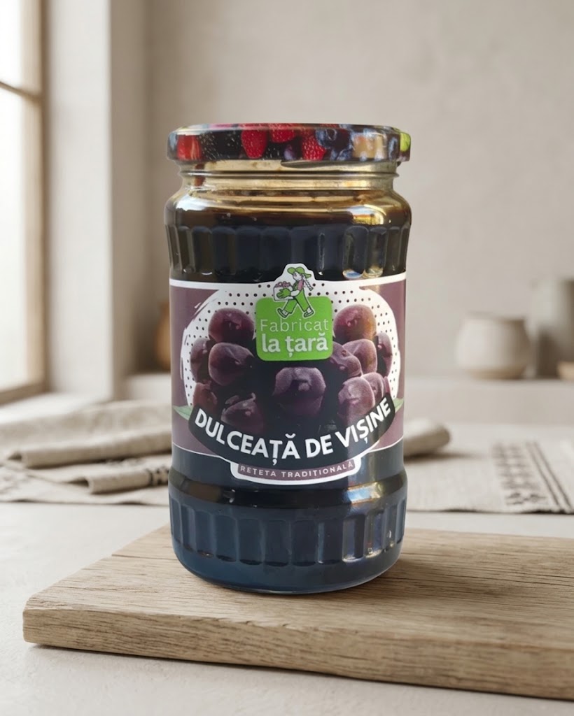 Borcan de Dulceață de Vișine Fabricat la Țară pe o planșetă de lemn, în bucătărie