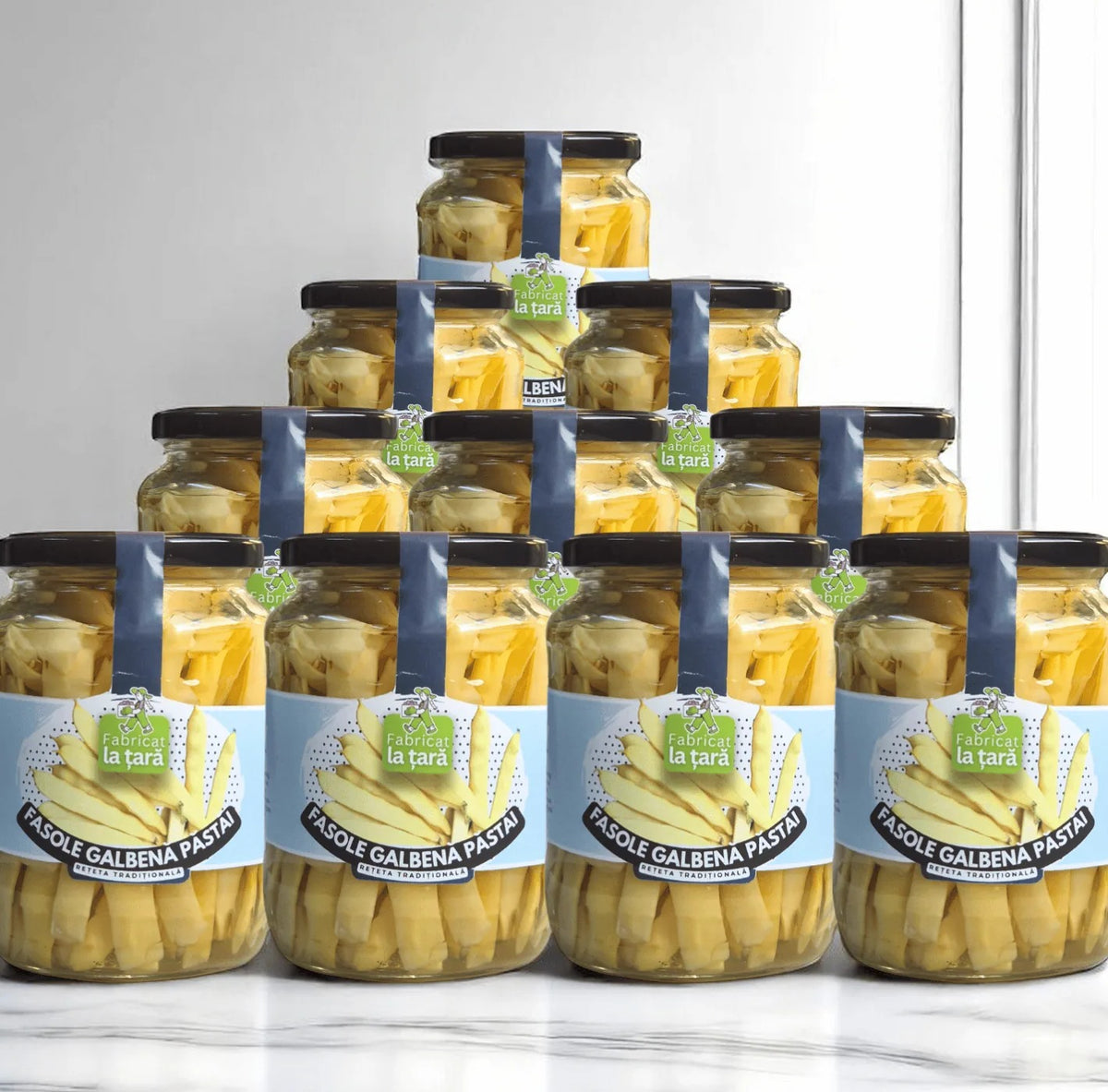 Pachet de 10 borcane de Fasole Galbenă Păstăi Fabricat la Țară, 720 ml fiecare