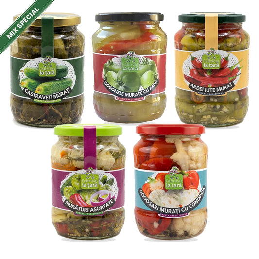 Mix special Fabricat la Țară: 5 murături de casă – castraveți, gogonele, ardei iuți, murături asortate și gogoșari cu conopidă, borcane de 720 ml