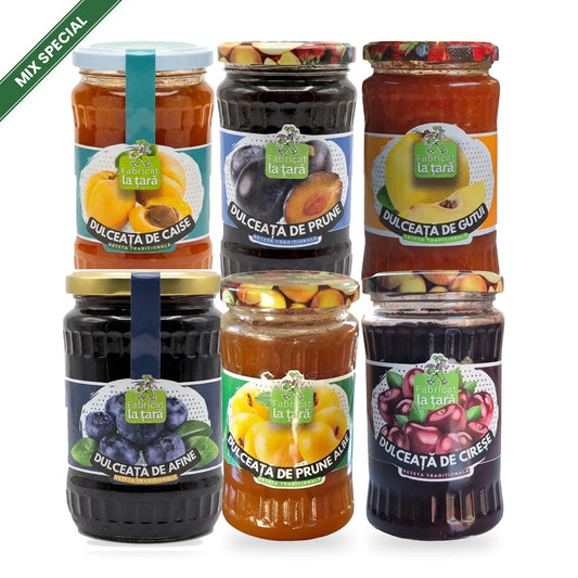 Mix special Fabricat la Țară: 6 dulcețuri de casă – caise, prune, gutui, afine, prune albe și cireșe, borcane de 370 ml