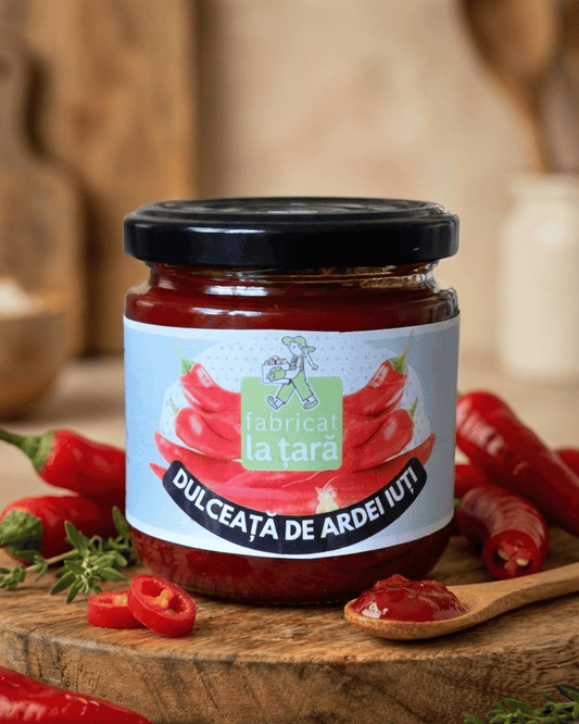 Borcan de Dulceață de Ardei Iute Fabricat la Țară, alături de ardei iuți roșii proaspeți