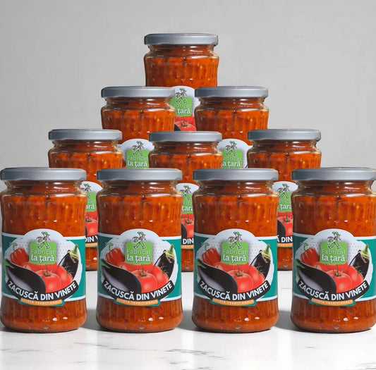 Pachet de 10 borcane de Zacuscă de Vinete Fabricat la Țară, 370 ml fiecare